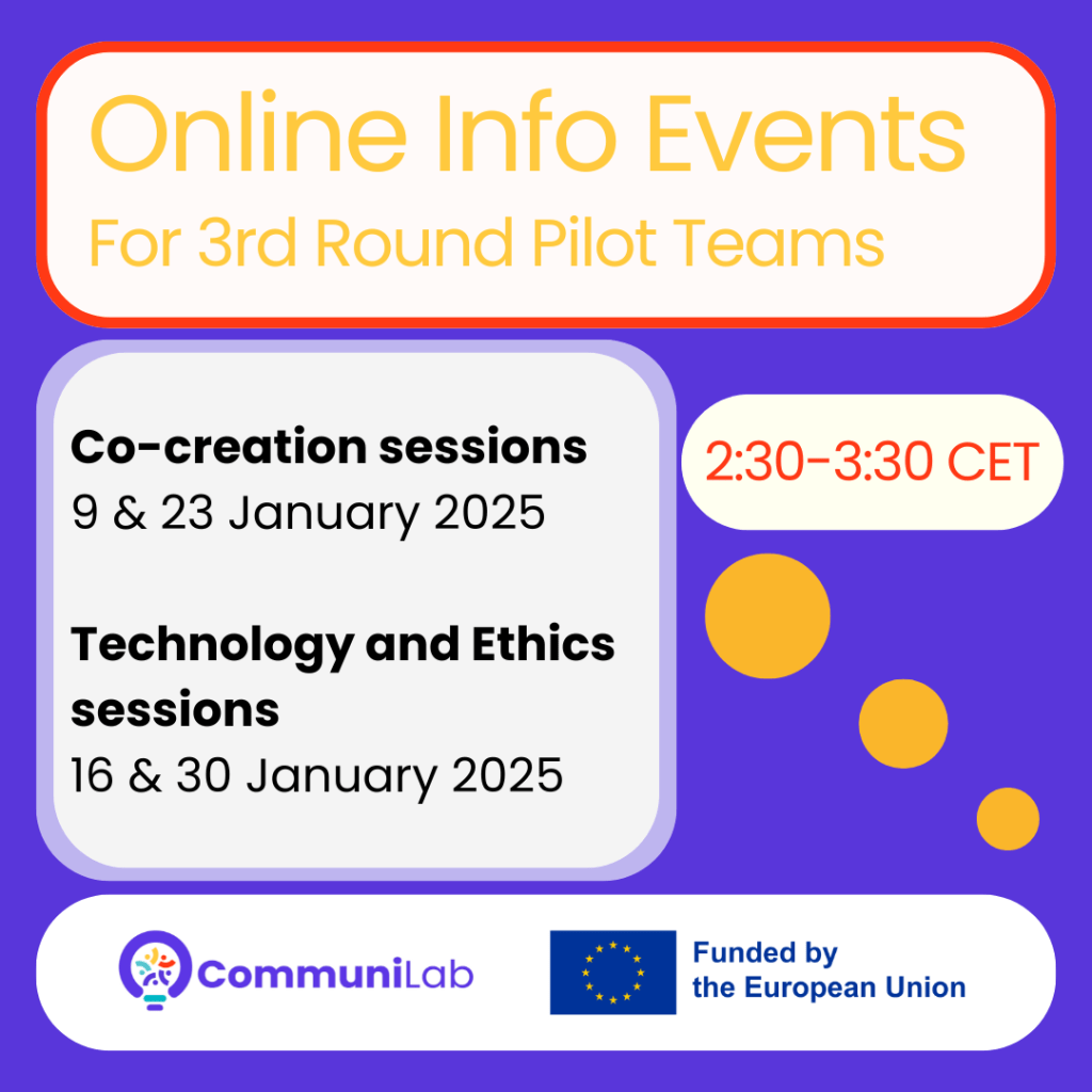 Online Info Events for 3rd Round Pilot Teams. Co-creation sessions 9 & 23 January 2025. Technology and Ethics sessions 16 & 30 January 2025